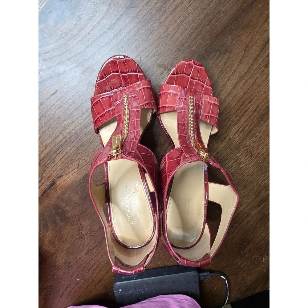 Michael Kors Red Croc Embossed T-Strap High Heel Sandals 9.5M